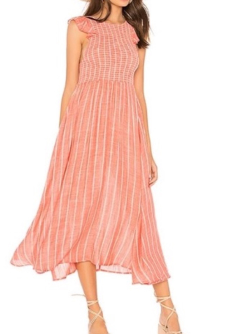 Free People Coral Stripe Ruffle-Sleeve Midi Dress